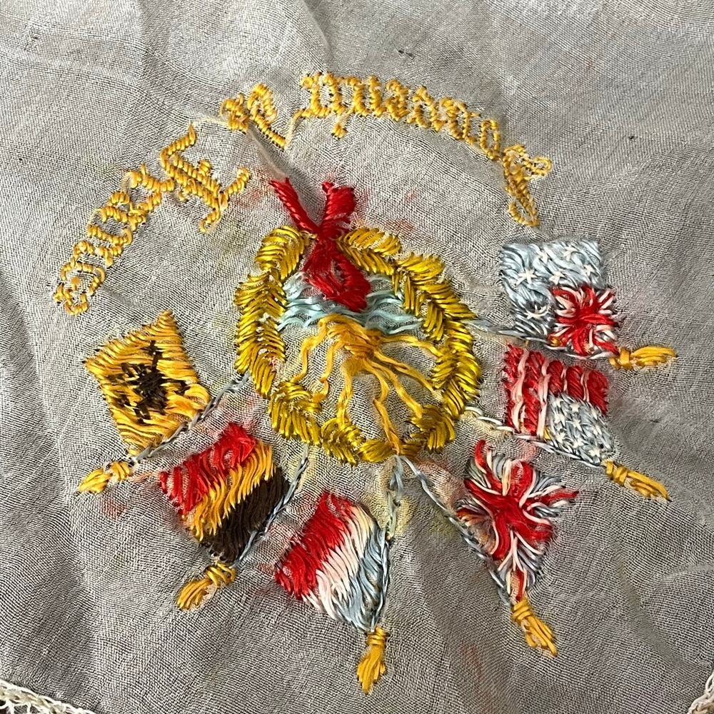 Vintage WWI Souvenir of France Handkerchief Embroider Silk? Lace Edge FLAWED - Picture 5 of 12